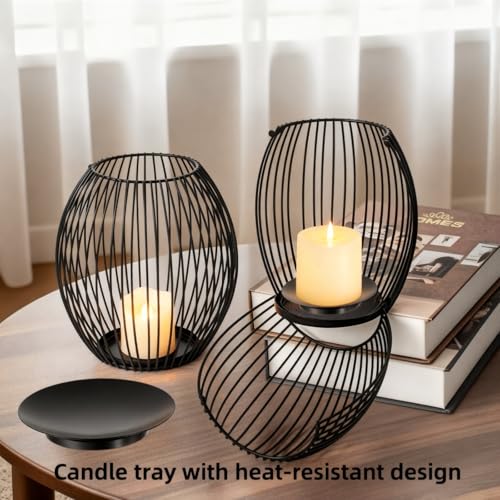 3-Piece Black Candle Holder Set – Modern Metal Wire Black Candlestick Holders for Pillar Candles, Decorative Round Cage Candle Lanterns for Table, Shelf, or Home Décor