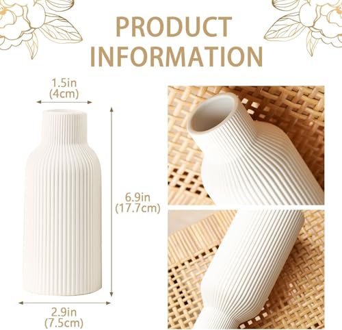 Bohemian White Ceramic Vase - for Pampas Grass, Mantel, Bookshelf, Entryway and Living Room Decor (White, 7in) - color: White, size: 7in
