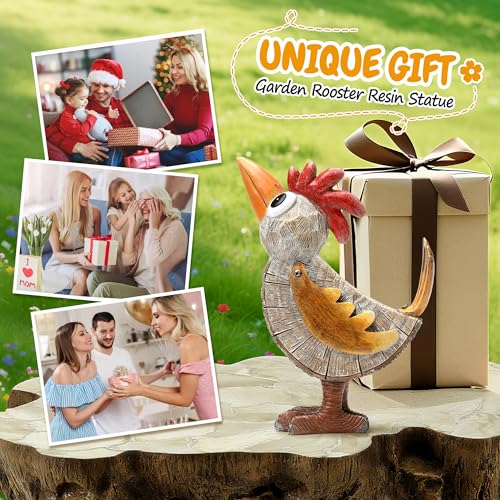 Outdoor Whimsical Rooster Statue Resin Chicken Art Sculpture Garden Rooster Figurine Decoration, Rustic Roosters Decor, Animal Ornament for Yard, Lawn, Home, Office, Garden Gifts