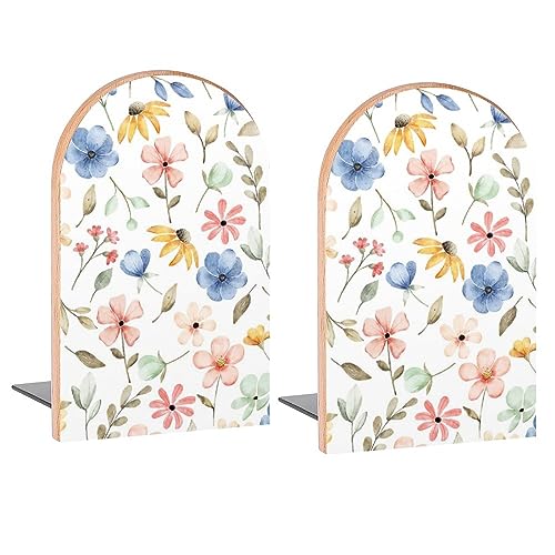 Seamless Flowers Blue Pink Book Ends Decorative Wood Bookends for Shelves Kids Room Desk Home Office Book Stoppers for Magazines,Books, DVDs, 1 Pair/2 Pieces(5x3.1 in)