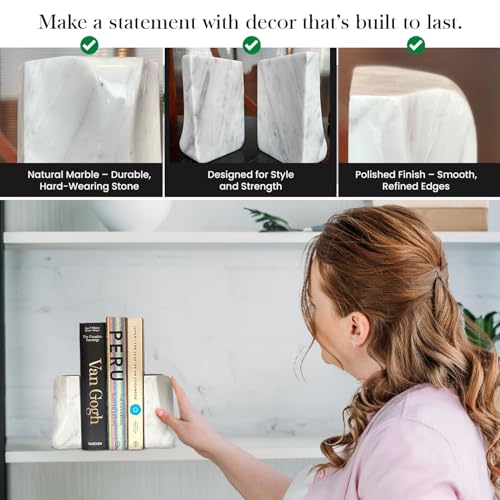White Marble Bookends - Heavy Duty 9.8 lbs Stone Book Ends for Shelves, Modern Decorative Book Holder Set of 2 - Premium Handmade Marble Book Ends for Office, Library, or Home Decor