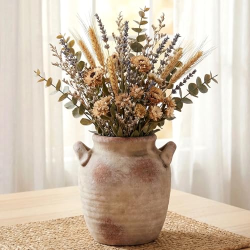 Retro Ceramic Vase with Handle - 7 Inch Farmhouse Table Centerpiece for Shelf, Desk & Fireplace, Rustic Vintage Flower Vase for Fresh & Dried Decor, Aesthetic Housewarming Gift - color: 7"h Retro