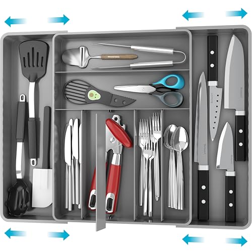 Simple Houseware Expandable Kitchen Drawer Flatware Organizer, Gray – Adjustable Cutlery Tray with 9 Compartments for Utensils and Silverware - color: Gray