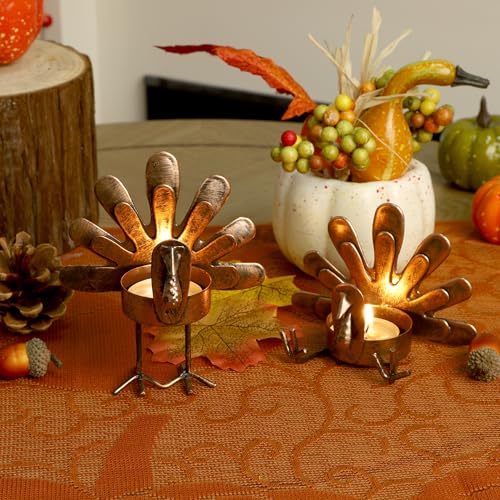 FORUP Metal Turkey Candle Holders, Set of 12 Thanksgiving Home Decor with Tea Light Candles