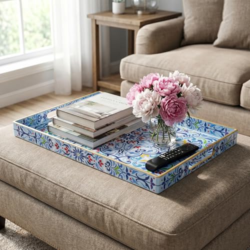 Hiceeden Set of 2 Boho Floral Serving Tray with Handles, 15.7" x 11.8" Decorative Plastic Ottoman Tray, Modern Large Coffee Table Server for Living Room, Bathroom, Kitchen, Rectangle, Blue
