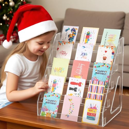 5 Tier Acrylic Card Display Stand(Tall Height), Clear Display Shelf Desktop for Trading Cards, Sports Cards, Greeting Card, Stickers & Brochures, Easy Clip-On Design - color: Clear