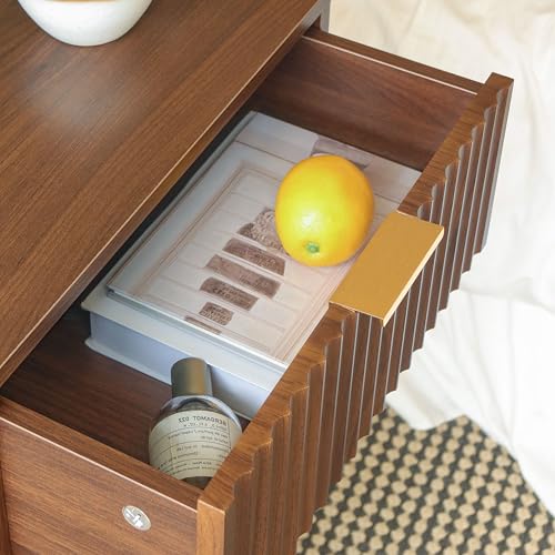 Fultyle Walnut Nightstand, Modern Night Stand with Fluted Drawer and Opening Storage, Wooden Bedside Table with Solid Wood Legs for Bedroom, Living Room, Office (Walnut Brown) - color: Walnut Brown