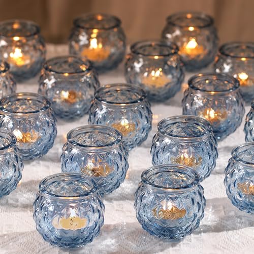 DARJEN 48Pcs Blue Round Candle Holders - Bulk Glass Candle Holders for Vintage Decoration, Tea Lights for Wedding Shower, Party & Gift - color: Blue, size: 48PCS