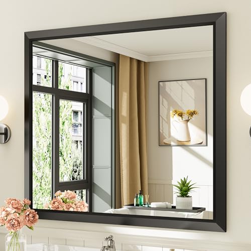Briivue 40x36 Inch Black Bathroom Mirror for Wall, Thick Metal Framed Rectangle Mirrors for Over Sink, Bedroom, Living Room, Entryway, Anti-Rust, HD Tempered Glass - color: Black, size: 40"L x 36"W
