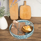 CLAYNIX Serving Tray 12.5 Inch, Lacquer Mother of Pearl Inlay Mosaic Tray, Round Wooden Marble Tray with Handles Trays for Tea, Breakfast (Leaf Style)