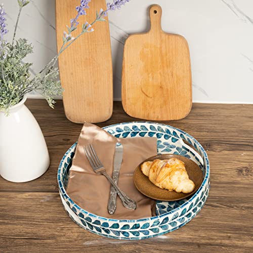 CLAYNIX Serving Tray 12.5 Inch, Lacquer Mother of Pearl Inlay Mosaic Tray, Round Wooden Marble Tray with Handles Trays for Tea, Breakfast (Leaf Style)