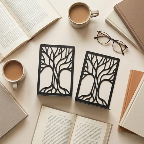 2 Pcs Black Bookends, Sturdy Metal Bookends for Shelves Decorative Book Organizer with Unique Tree Design for Home Library Office Desk - style: Abstract Tree
