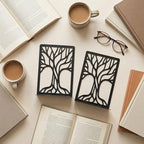 2 Pcs Black Bookends, Sturdy Metal Bookends for Shelves Decorative Book Organizer with Unique Tree Design for Home Library Office Desk - style: Abstract Tree