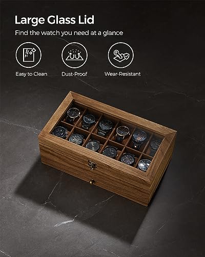 SONGMICS 12-Slot Watch Box, 2-Tier Watch Display Case with Large Glass Lid, Removable Watch Pillows, Velvet Lining, Jewelry Box, Gift Idea, Rustic Walnut UJOW012K01 - color: Rustic Walnut, size: 2 Layer 12 Slot