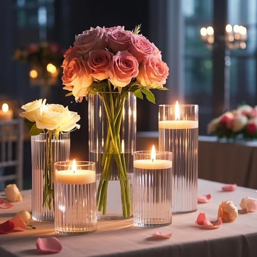 36 Pack Ribbed Glass Cylinder Vases 4,6,10 Inch Tall Clear Flower Vase Hurricane Floating Candle Holder for Table Centerpiece Wedding Home Decor - size: 36 Pack Ribbed(4,6,10 Inch)