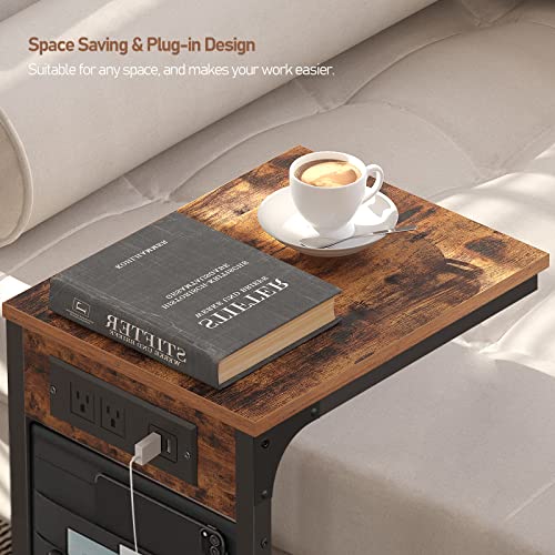 TUTOTAK C Shaped End Table with Charging Station, Side Table for Sofa, Couch Table with Storage Bag, TV Tray with 2 USB Ports and Outlets for Living Room, Bedroom, Brown TB01BB024 - color: Brown, size: 1 Pack (11.8"W), style: With Plug