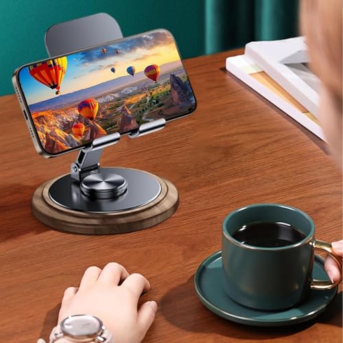 Adjustable Cell Phone Stand,360 Rotating Foldable Desktop Cellphone Stand with Anti-Slip Base Portable Phone Holder for iPhone 17 16 15 14 13 Pro Max, All Smart Phones, iPad (Wood Grain Black) - color: Wood Grain Black