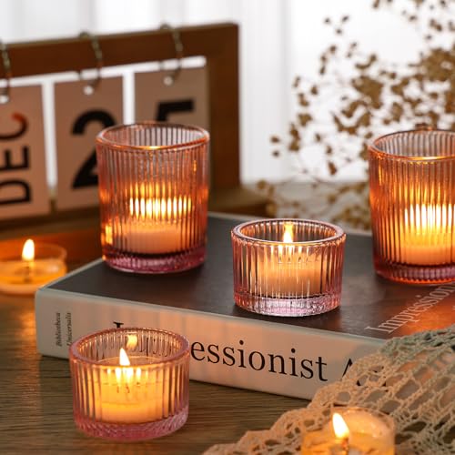 SUPMIND 24 Pcs Glass Votive Candle Holders – Assorted Ribbed Pink Tea Light Holders Bulk for Weddings, Baby Showers, Parties, Home Décor, and Table Centerpieces - color: Pink