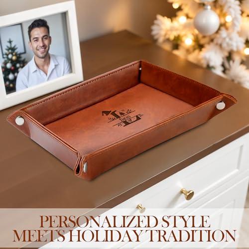 Engraved Leather Valet Tray – Personalized Mens Dresser Organizer Tray with Custom Name – Christmas Gift for Dad, Husband, or Men – Nightstand Organizer - style: Christmas