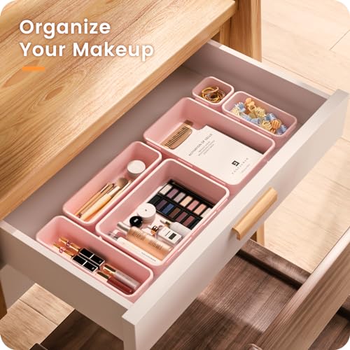 A-LuGei 【𝟮𝟴𝗣𝗖𝗦】 【𝟱𝗦𝗶𝘇𝗲】 Pink Drawer Organizer, Makeup organizer, 【Holds 177 Items】 Bathroom Organizers and Storage, Plastic Desk Organizer Divider, Organizer Bins for Office Vanity - color: Pink