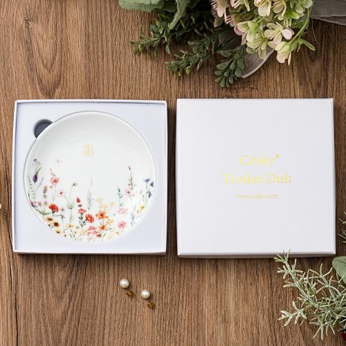 Crisky Initial Jewelry Tray Ring Dish & Gift Box, Ceramic Flower Trinket Dish for Rings Earrings Necklaces Keys, Bridal Shower Engagement Birthday Gift for Women, Friends 4.57" (Gold Foil A - style: Initial A
