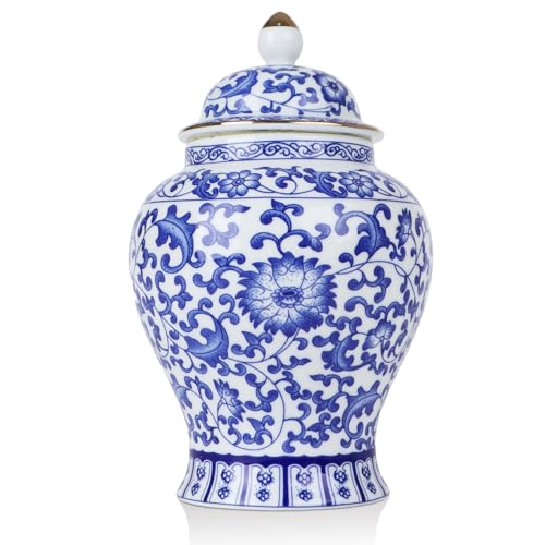 Chinoiserie Ginger Jar,7.6 Inch Ceramic Bule and White Ginger Jar w/Lid,Porcelain Ginger Jars Vase for Home,Living Room,Coffee Table,Mantle Fireplace (Bule&White)