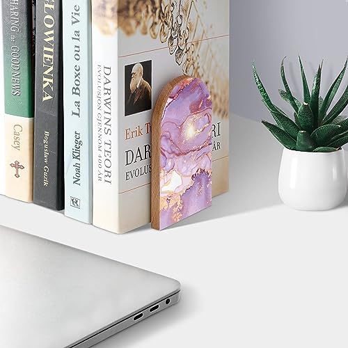 Marble Purple Gold Stone Book Ends Decorative Wood Bookends for Shelves Kids Room Desk Home Office Book Stoppers for Magazines,Books, DVDs, 1 Pair/2 Pieces(5x3.1 in)