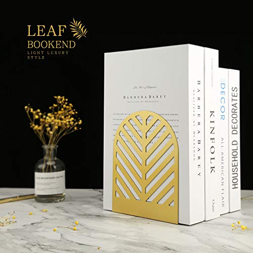 QiMing Leaf Gold Bookends for Books,1 Pair Metal Book Holders for Office Shelves Adults & Kids Gift(Gold) - color: Gold