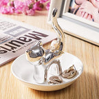 PUDDING CABIN Cat Ring Holder Gift for Women, Cat Mom Mothers Day Gifts, Birthday Gifts for Women Girls Friends, Cute Kitty Ceramic Jewelry Rings Earrings Necklace Holder Home Decor - style: Sliver Cat