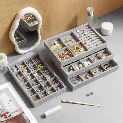 Jewelry Drawer Organizer, 4 Set of Stackable Jewelry Trays for Drawer Inserts Velvet Organizers and Display Storage for Earring Necklace Rings Bracelets (Gray)