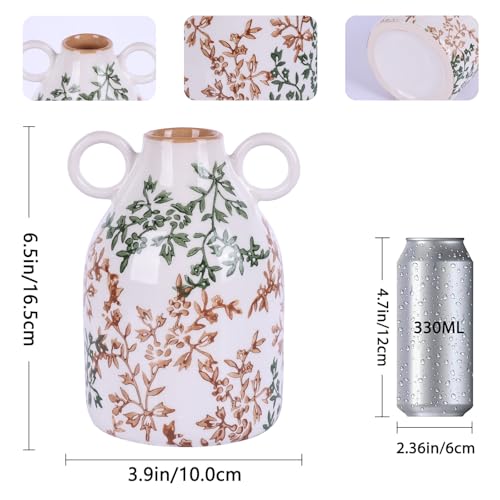 Green Floral Ceramic Vase with Handle, Nordic Boho Small Vases Side Table Flower Centerpiece, Wide Mouth Single Flower Vase Pampas Grass Decorative - for Home Window Sill Living Dining Room Kitchen - color: Green Floral