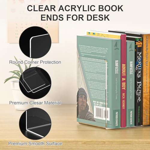 VFINE Acrylic Bookends 8 Pieces, Book Ends for Shelves, Clear Bookends for Shelves Decor Book Ends for Desktop Organizer, Book Stopper for Home Office School Supplies, 7 * 4.8 * 4.75 inch - color: Clear Bookends 4 Pairs