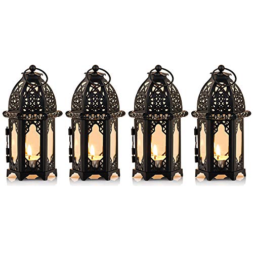 NUPTIO 4 Pcs Metal Tealight Candle Holder Small Sized Wedding Centerpieces Transparent Glass Hanging Lanterns Creative Wedding Home Table Decoration Birdcage, Black - color: Black, size: 4 Pcs Small Size