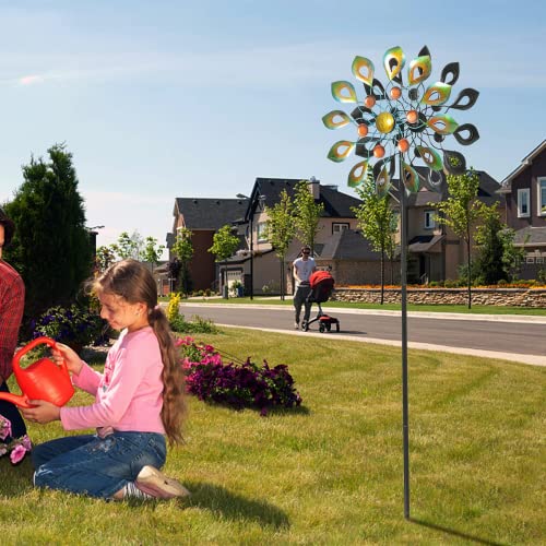 63 Inch Kinetic Wind Spinners with Stake, Metal Windmill Garden Decorations, 360 Swivel Peacock Outdoor Wind Sculpture, Dual Direction Wind Catcher for Yard Art, Lawn Decor, Idea Gifts - size: Medium