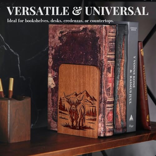 Highland Cow Gifts for Women, Scottish Cow Bookends, Heavy Duty Wooden Bookends for Shelves Decorative(1 Pair, 4.72x6.69 Inches) - Scenery - color: Scenery