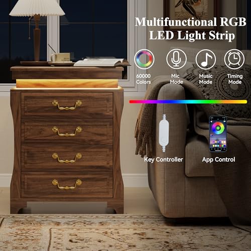 Nightstand with Hidden Compartment & Charging Station, Vintage Bedside Table with LED Lights, Night Stand with 4 Storage Drawers, Large Modern Nightstands Wood End Table for Living Room (Walnut)