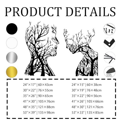 Abstract Face Metal Tree Wall Art, Decorative Branches, Tree Branch Art, Woman & Man Metal Wall Decor, Abstract Artwork, Modern Decorations, Living Room Decor (Silver, 53"x(39"+33") | 135x(98+85) cm) - color: Silver, size: 53"L x 39"W