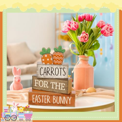Lineshading 4 Pcs Easter Decor Wooden Carrot Decoration Easter Tiered Tray Decor Rustic Wooden Carrot Block Sign Carrots Table Centerpiece Farmhouse for Party Home Kitchen - style: Carrots