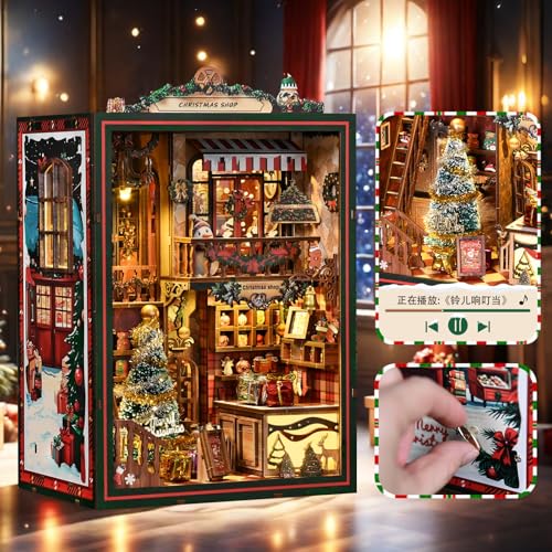 DIY Christmas Store Book Nook Kit, Miniature House with LED Light, 264pcs Wooden 3D Puzzles for Adults Teens, Bookshelf Decor Scale Model, Cultural Handmade Gift for Christmas & Book Lovers - style: Christmas Store