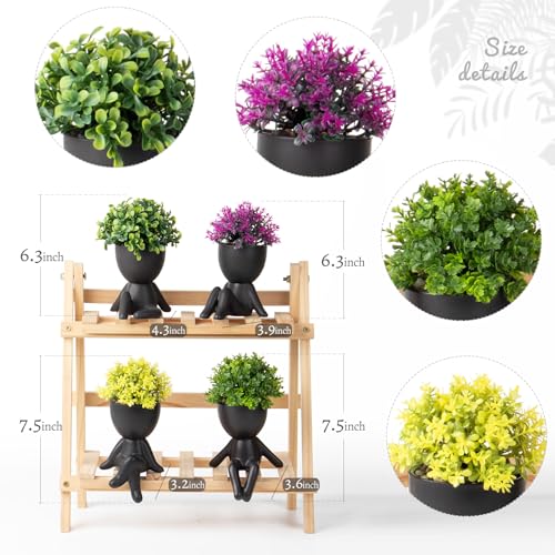 Zerzsy 4 Pack Cute Small Fake Plants with Creative Human Shaped Pots, Fake Plants Artificial Greenery Potted for Home Decor Indoor Shelf Desk Tabletop (Black) - color: Black-4pcs