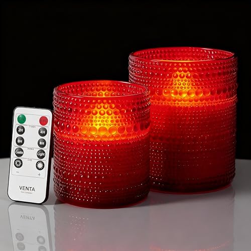 VENTA Set of 2 Red Glass Flameless Candles with Remote | Dimmable Flickering Votives, Ideal for a Romantic Dinner, Anniversaries, and Home Ambiance | Decorative Table Lamp - color: Dotted Glass Red