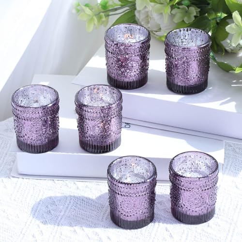 VOHO 12pcs Sunflower Purple Votive Candle Holders for Table Centerpiece, Mercury Tealight Candle Holder for Wedding Decor, Boho Tea Light Candle Holder Glass Gifts for Easter Halloween(2.1x2.6 In,W/H) - color: Purple