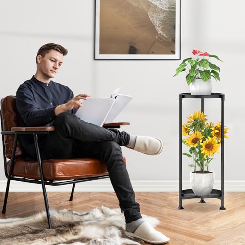 KMOTASUO 2 Tier Plant Stand Indoor for Large Tall Heavy Duty Planter, Multiple Sturdy Metal Flower Corner Rack for Narrow House Floor, Iron Vertical Level Round Orchi Holder Organizer, Black - color: Black, size: 2 Tier