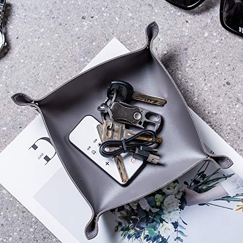 SANQIANWAN Leather Jewelry Valet Tray for Women and Man, Portable Entryway Table Tray Bedside Nightstand Desk Tray Small Catchall Travel Dish Plate for Key,Wallet,Watch,Coin (2PCs Grey-B) - color: 2pcs Grey-b, size: 8×8
