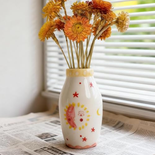 Tnstbiee Cute Boho Small Cream Ceramic Bud Vase, Sun and Moon Round Decorative Vase for Dried Flowers/Single Rose/Pampas Grass, Modern Table Vase for Entryway Dining Coffee Table, Unique Home Gift - color: Bohemian Vase