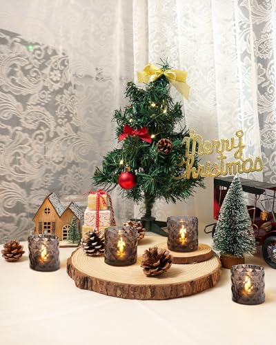 Homemory 2" x 2" Acrylic Votive Candle Holders with Auto Timer Flameless Led Tealight, Battery Powered Fake Electric Candles for Wedding Centerpiece, Table, Christmas Decor (6Pack, Gray Base) - color: Gray, size: 6 Pack