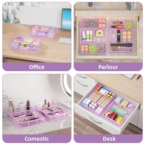 Marbrasse 2 Pack Desk Drawer Organizer, Mesh Drawer Organizer Tray with 8 Adjustable Compartments, Desk Organizers and Accessories, 5 Dividers Drawer for Office Supplies, Makeup & Vanity (Purple) - color: Purple
