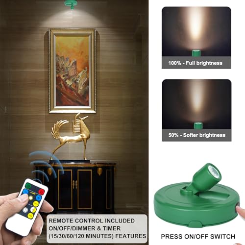 HAMVIDNE LED Spotlight, Battery Powered Picture Lights, Uplight Indoor, Puck Lights with Remote, Plant Spot Light for Wall Art Display Dartboard Painting Artwork Accent Closet-Green - color: Pure Green, size: 2 Pack