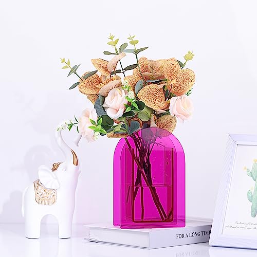 Hot Pink Acrylic Vase, Modern Acrylic Geometric Wide Mouth Small vase, Hot Pink Flower Vase for centerpieces Desk Flower Bud vase, for Living Room Table, Office, Wedding - color: Dd