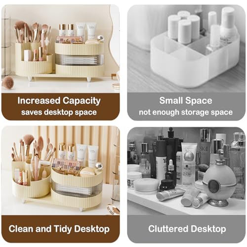 Ivory Rotating Vanity Organizer with Drawer & Brush Holder - 3 Layer Cosmetic Skincare & Perfume Storage - Countertop Makeup Display Case - color: ‎3 Layer Rotating Makeup Organizer-White